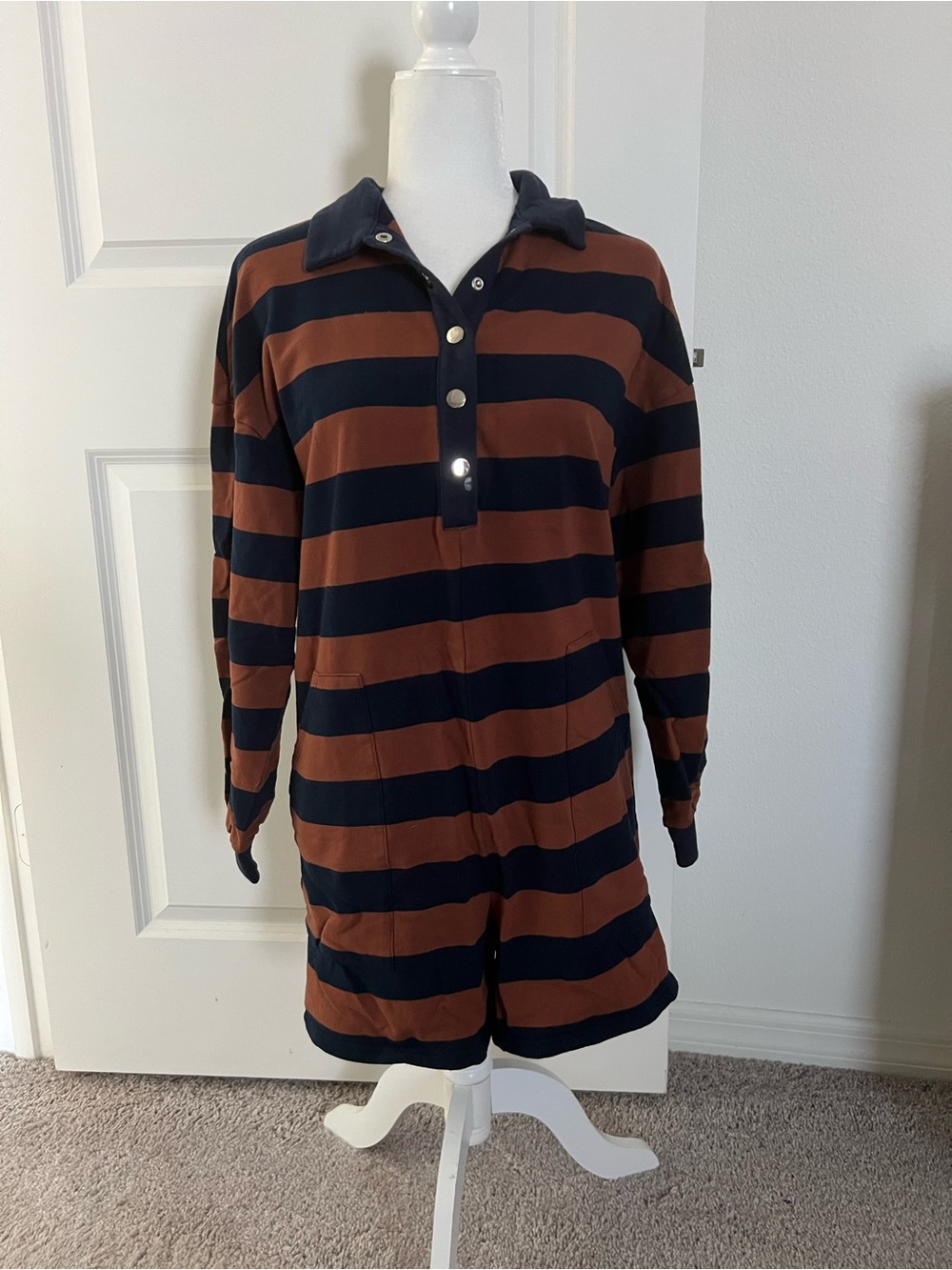 NWOT Striped Rugby-Style Romper in Brown and Navy XS/S